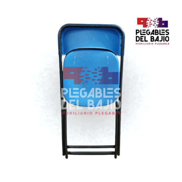 Silla plegable reforzada con asiento y respaldo en plástico azul - Image 2