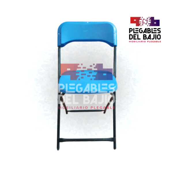 Silla plegable reforzada con asiento y respaldo en plástico azul - Image 4